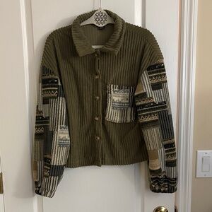 SHEIN Olive Green and Patterned Cropped Shacket/Jacket